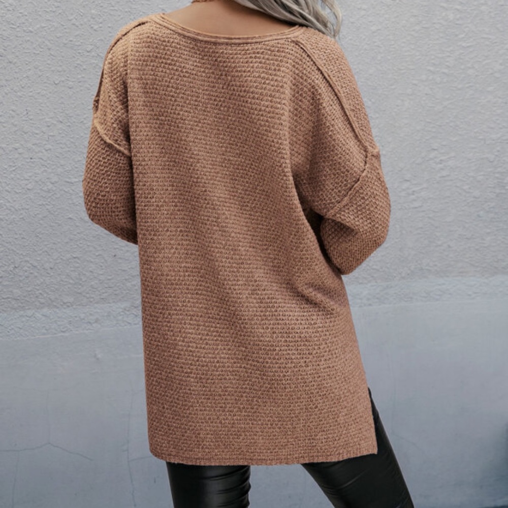 SOLD OUT Camel Textured Drop Shoulder Button Neckline Roll Tab Sleeve Knit - Picture 3 of 3